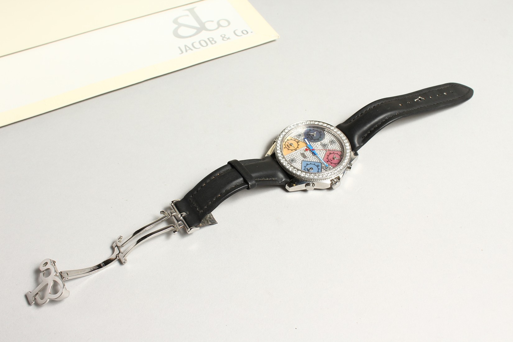 A VERY GOOD DIAMOND SET JACOB AND CO. WRISTWATCH with leather strap. No. 845 in original box. - Image 2 of 9