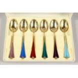 A GOOD SET OF 6 DAVID ANDERSON OF NORWAY, SILVER AND ENAMEL CASED COFFEE SPOONS Circa 1950