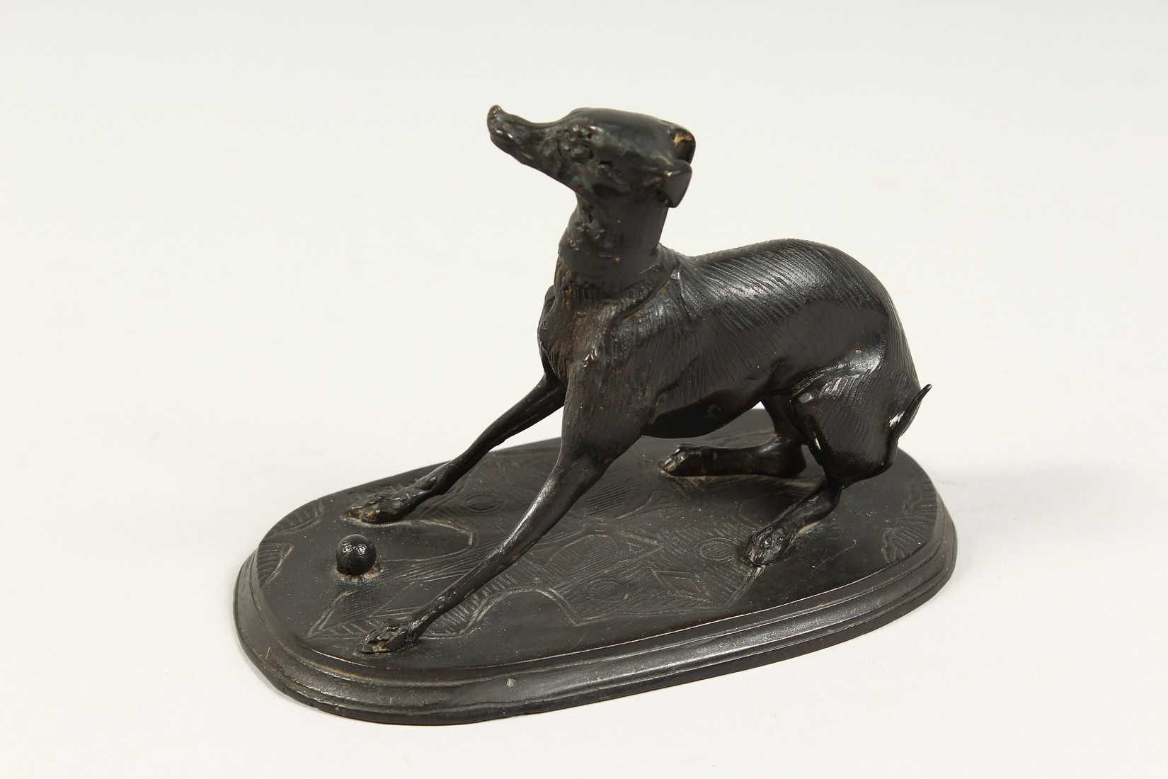 PAUL JULES MENE (1810 - 1879) FRENCH A SMALL BRONZE WHIPPET "GISELLA", leaning back with a ball at - Image 4 of 5