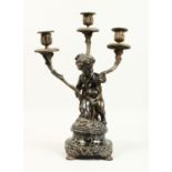 A GOOD 19TH CENTURY FRENCH LOUIS XVIII DESIGN, BRONZE AND ORMOLU, THREE LIGHT CANDELABRAS with cupid
