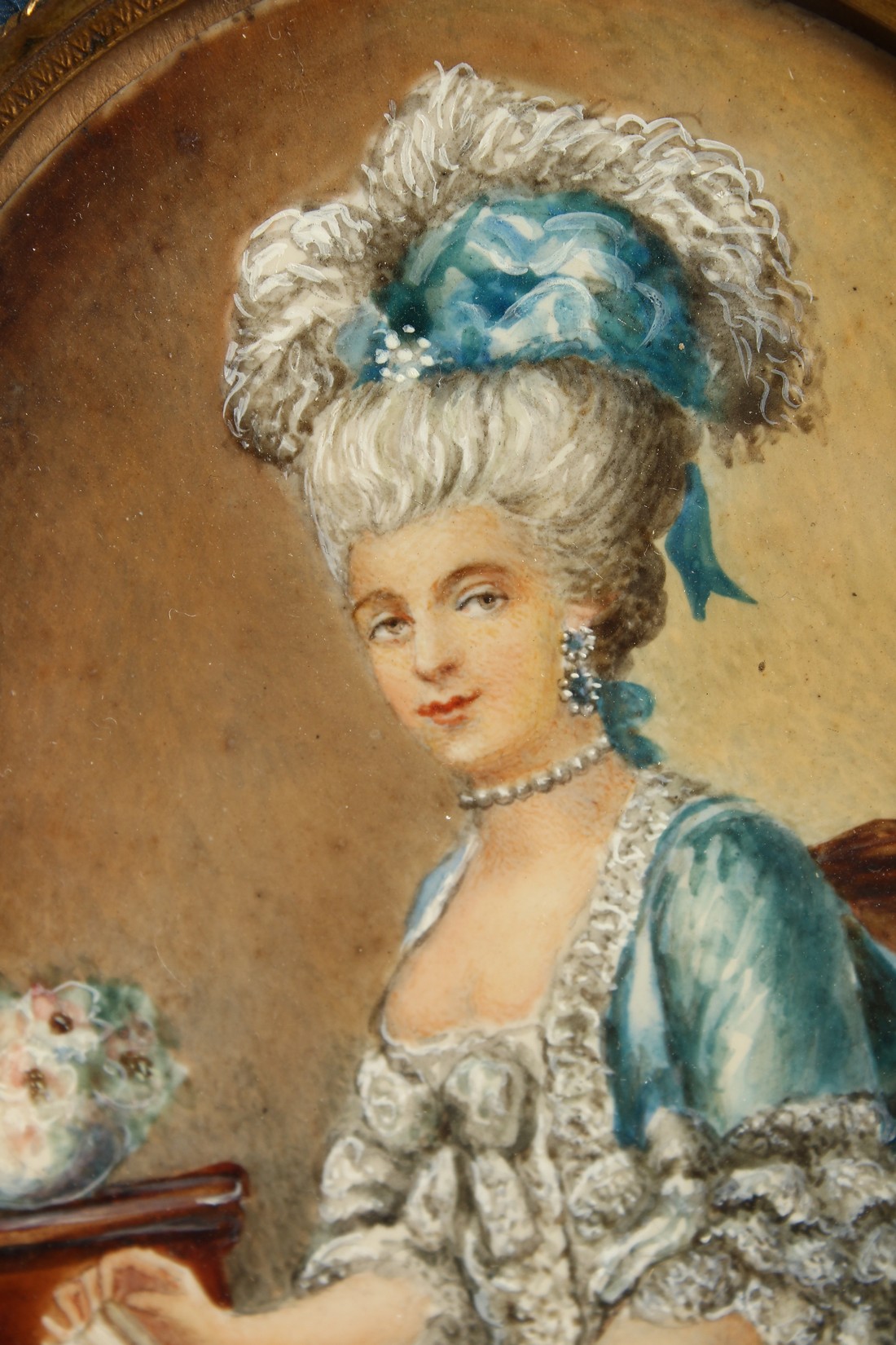 A VERY GOOD 19TH CENTURY FRENCH OVAL PORTRAIT OF A LADY holding a fan, in a blue enamel and ormolu - Image 3 of 4