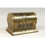 A 19TH CENTURY FRENCH BOULLE DOMED TOP STATIONARY BOX, with fitted interior 9ins wide.