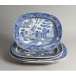 FIVE WILLOW PATTERN OVAL MEAT PLATES Largest 18ins long
