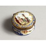 A BATTERSEA ENAMEL CIRCULAR SNUFF BOX the lid with a ruin 1.5ins diameter