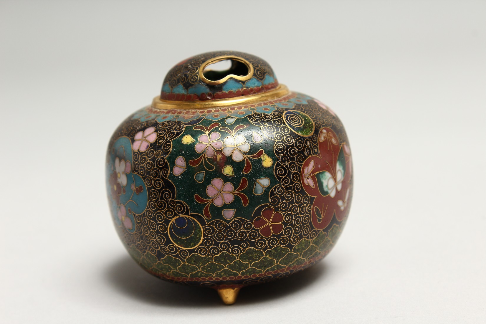 A JAPANESE CLOISSONE ENAMEL CENSER with panels of flowers and butterflies 3ins high - Image 4 of 7