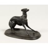 PAUL JULES MENE (1810 - 1879) FRENCH A SMALL BRONZE WHIPPET "GISELLA", leaning back with a ball at