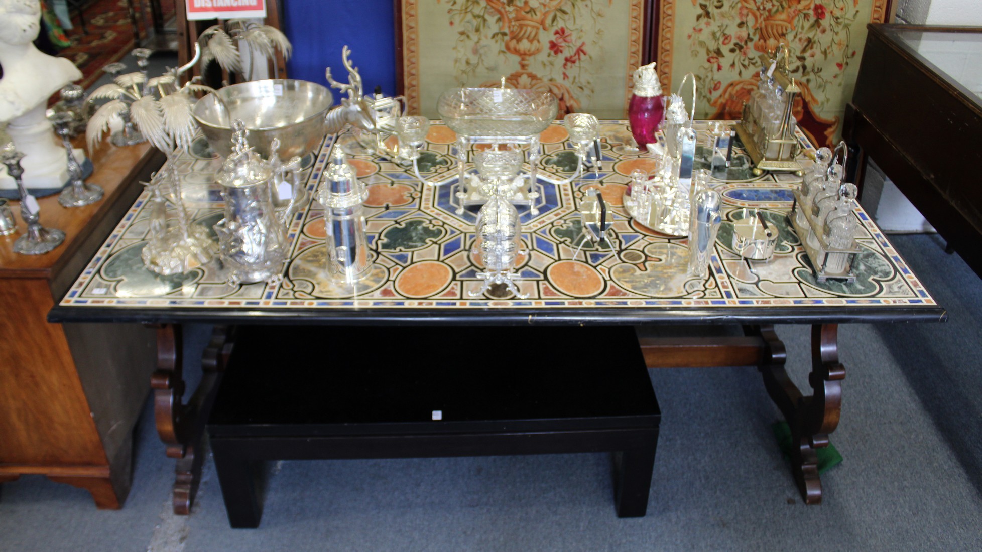 A SUPERB RECTANGULAR SPECIMAN ITALIAN MARBLE TOP TABLE on a wooden base. 7ft long, 3ft 10ins wide.