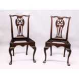 A GOOD PAIR OF GEORGE III MAHOGANY SINGLE CHAIR FRAMES, with carved cupids bow cresting rail,