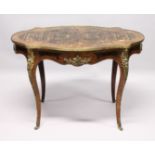 A 19TH CENTURY WALNUT, KINGWOOD AND ORMOLU MOUNTED CENTRE TABLE, with a quarter veneered and
