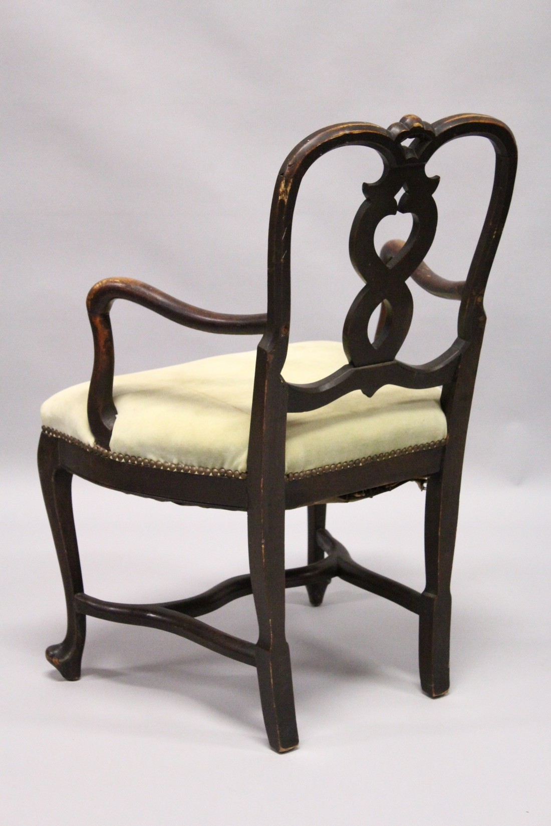 A SMALL GEORGE II DESIGN MAHOGANY OPEN ARMCHAIR with curved cresting, wavy splats, shepherd’s - Image 2 of 2