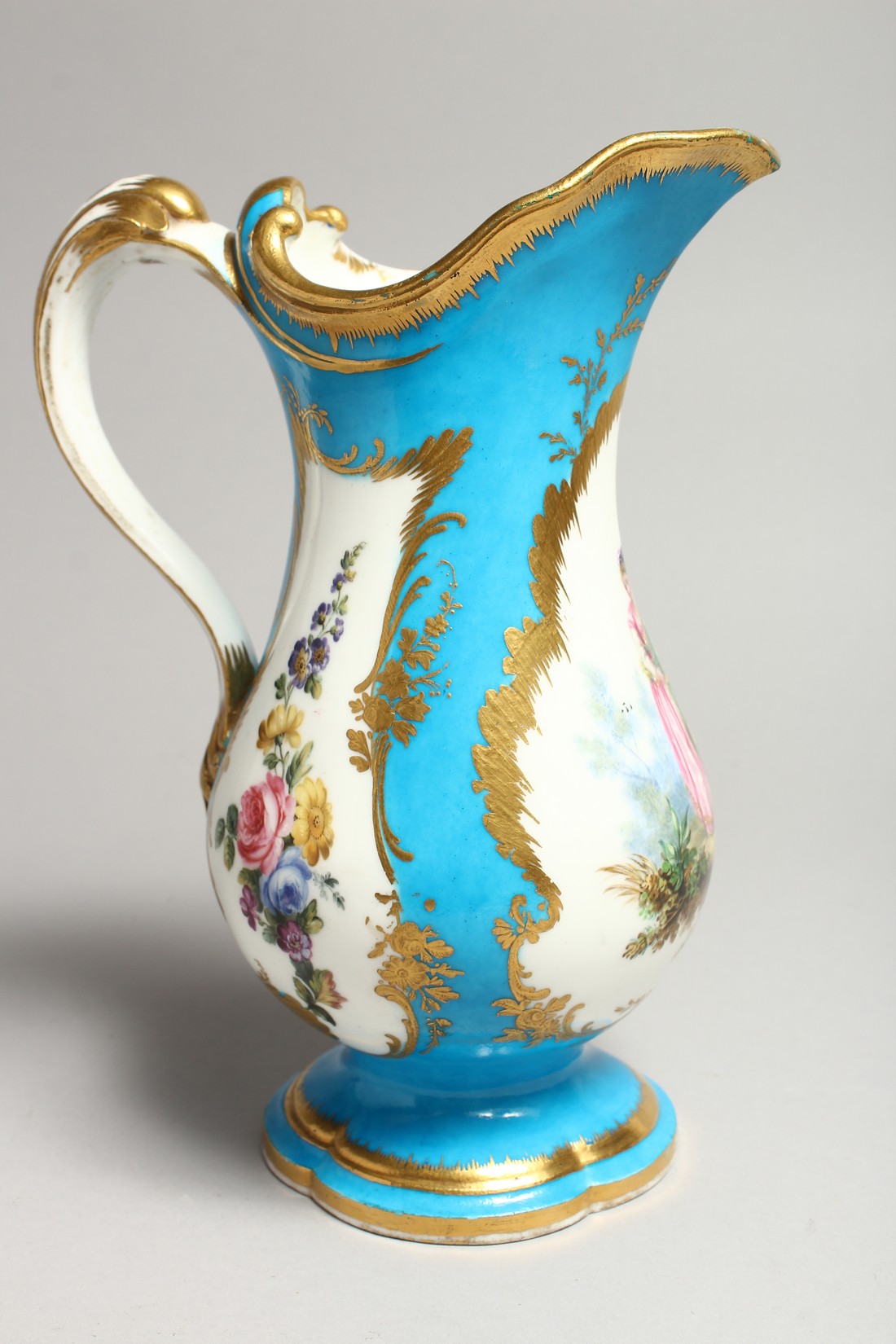 A GOOD SEVRES PORCELAIN EWER, blue ground edged in gilt and painted with three panels of figures and - Image 5 of 7
