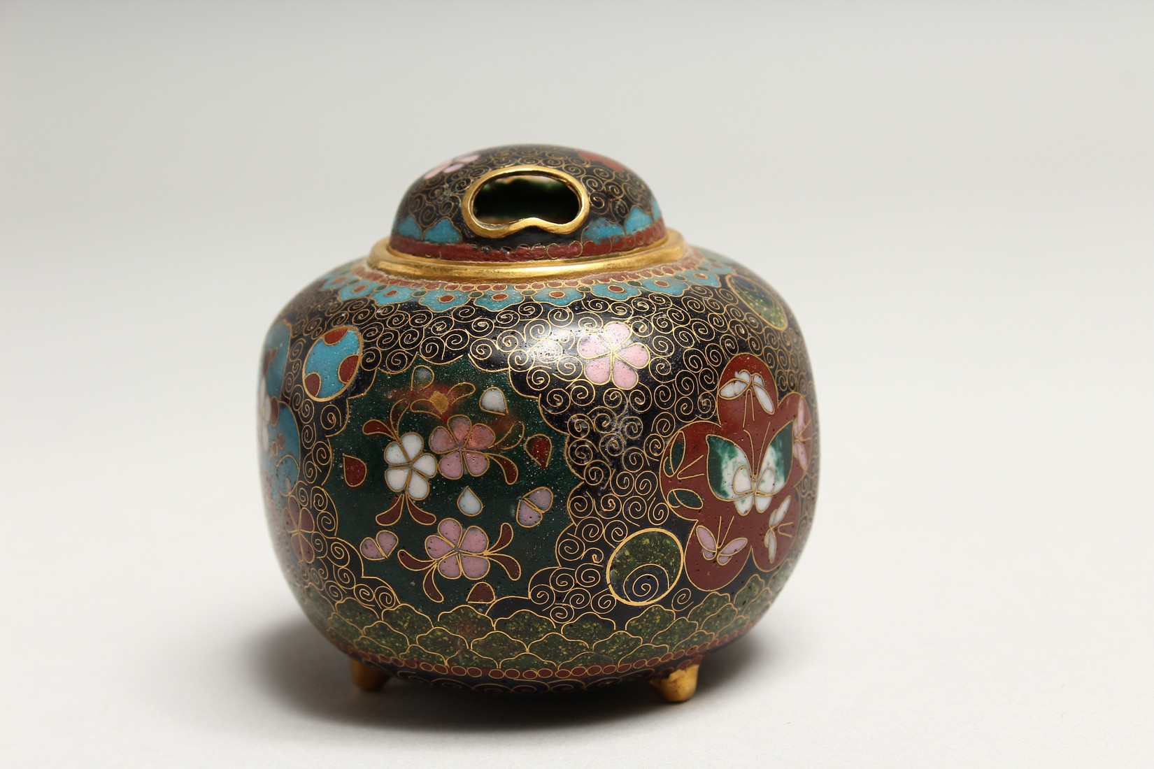 A JAPANESE CLOISSONE ENAMEL CENSER with panels of flowers and butterflies 3ins high - Image 2 of 7