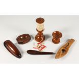 SIX VARIOUS ITEMS OF TREEN including a shuttlecock Stamped R.P.H.