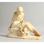AN ART DECO MOULDED PLASTER MODEL OF A SEATED FEMALE FIGURE, two kittens by her side. 8.75ins high.