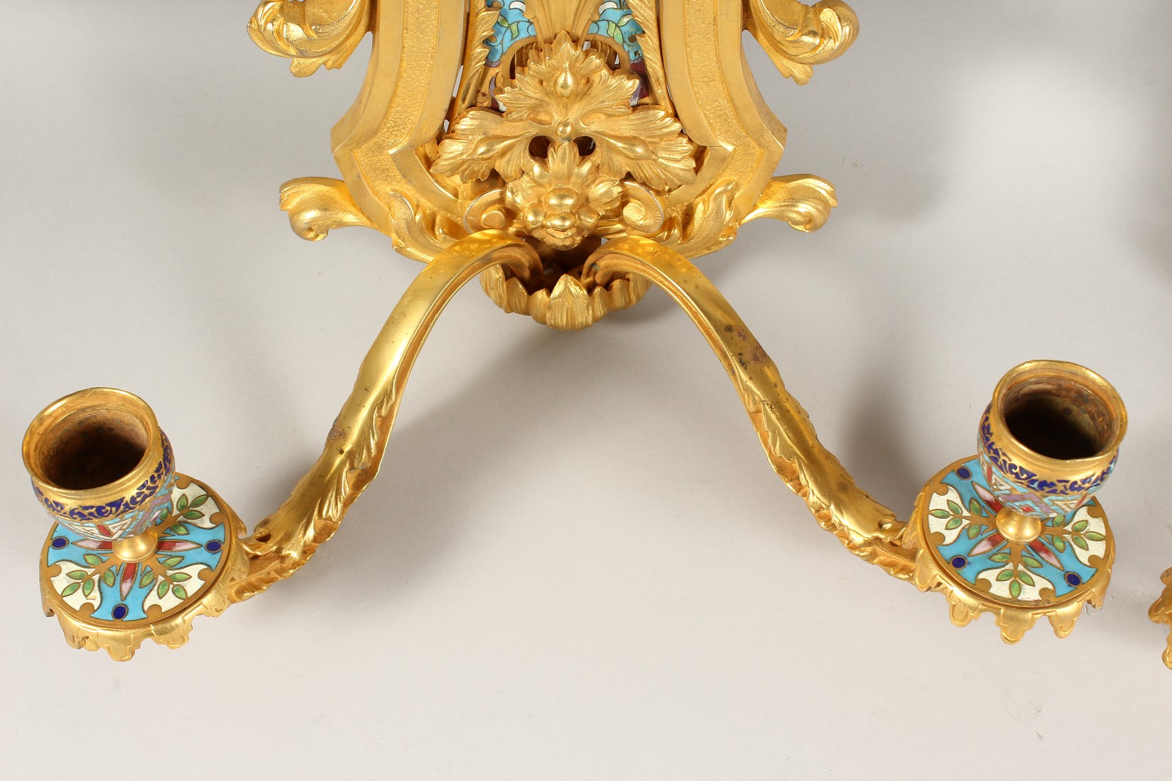 A SUPERB PAIR OF FRENCH ORMOLU AND ENAMEL TWO LIGHT WALL SCONCES WITH ACANTHUS AND SCROLLS 22ins - Image 4 of 7