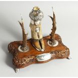 A FINE SCOTTISH SILVER MOUNTED HOOF, ANTLER AND WOOD DESK SET , the hoof with silver mounts, the