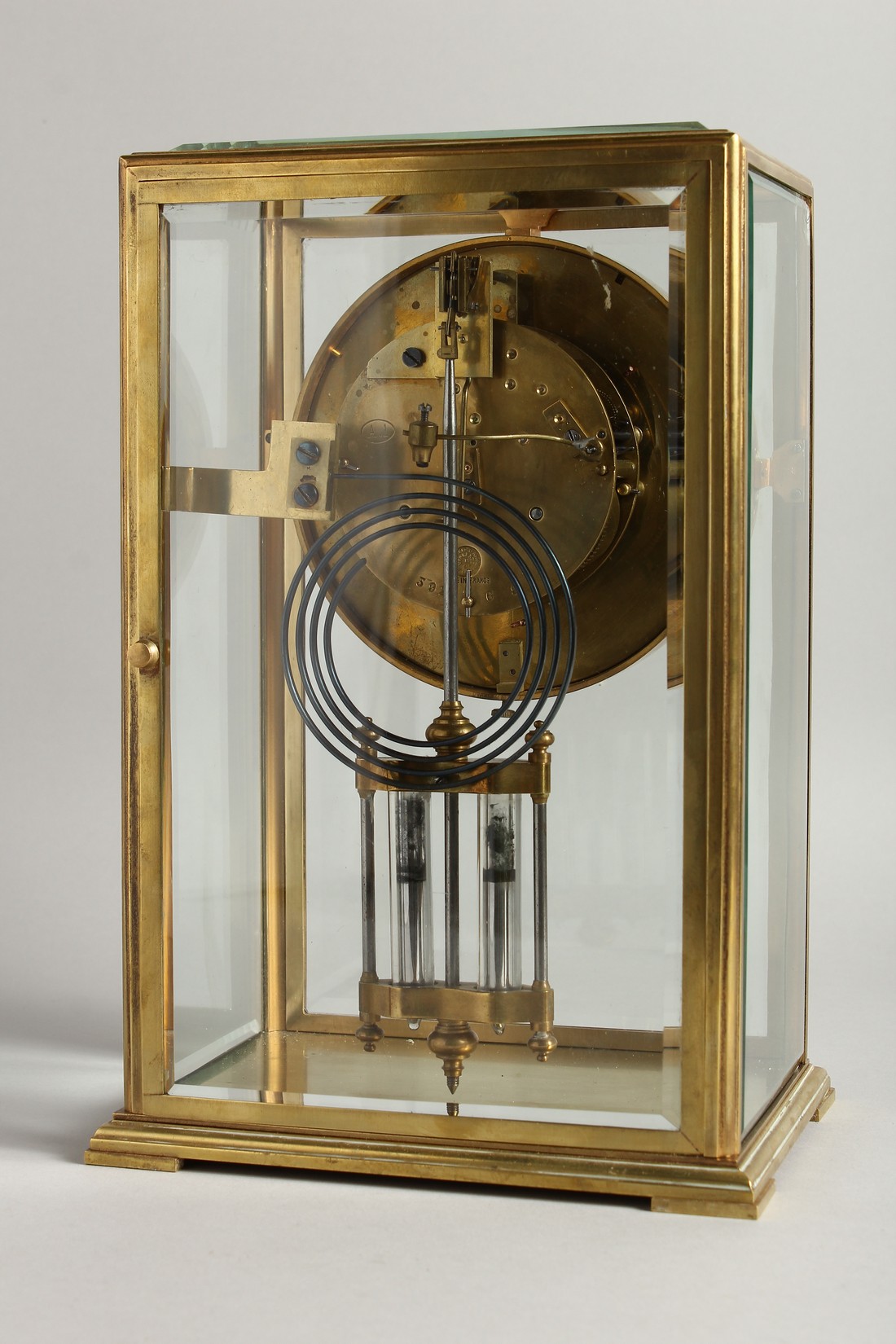 A GOOD BRASS FOUR GLASS CLOCK with white dial and pendulum. 12ins high. - Image 5 of 12