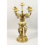 A SUPERB 19TH CENTURY FRENCH GILT BRONZE TABLE CANDELABRA, the base as three cranes holding five