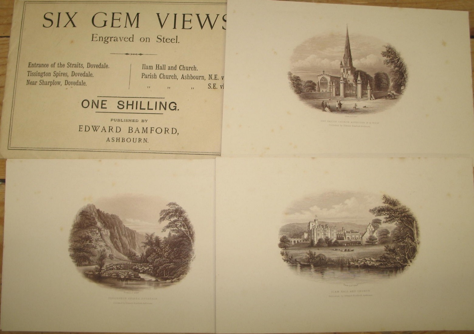 [DOVEDALE] "Six Gem Views Engraved on Steel," 6 prints, 15 x 22 cms, & envelope