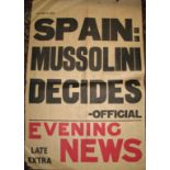 [SPAIN POSTER] Evening News news-stand poster for October 8th 1938, "Spain. Mussolini Decides," 74 x