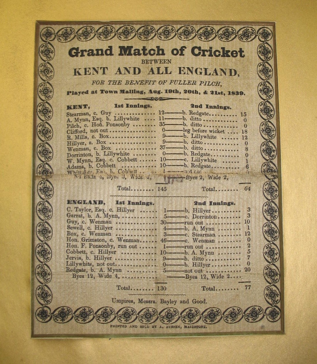 [CRICKET] printed silk score card for KENT v. ALL ENGLAND match, 1839, published by A. Austen,