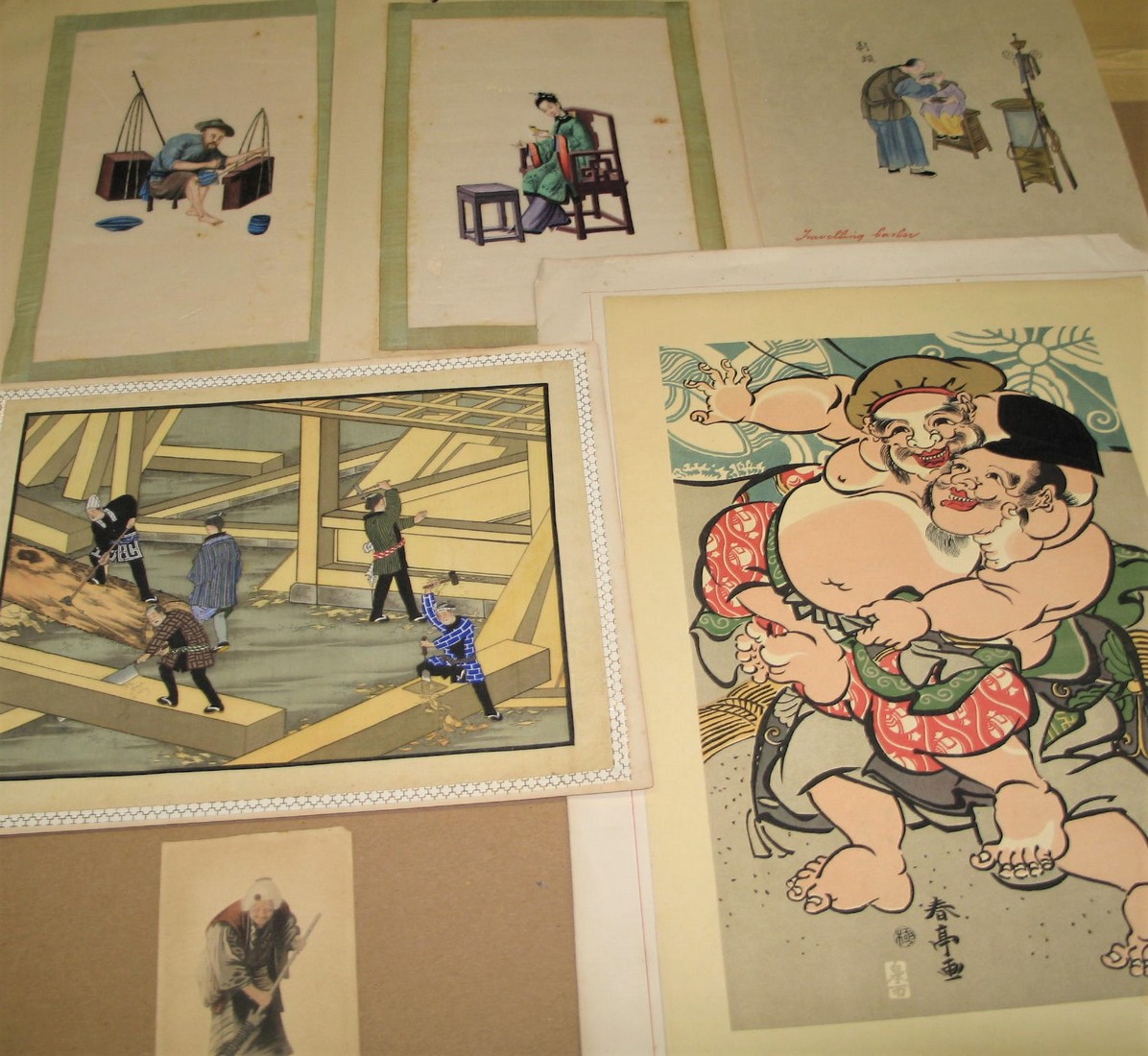[ASIAN ART] misc. prints & artwork, incl. 2 Chinese pith or rice-paper paintings (6)