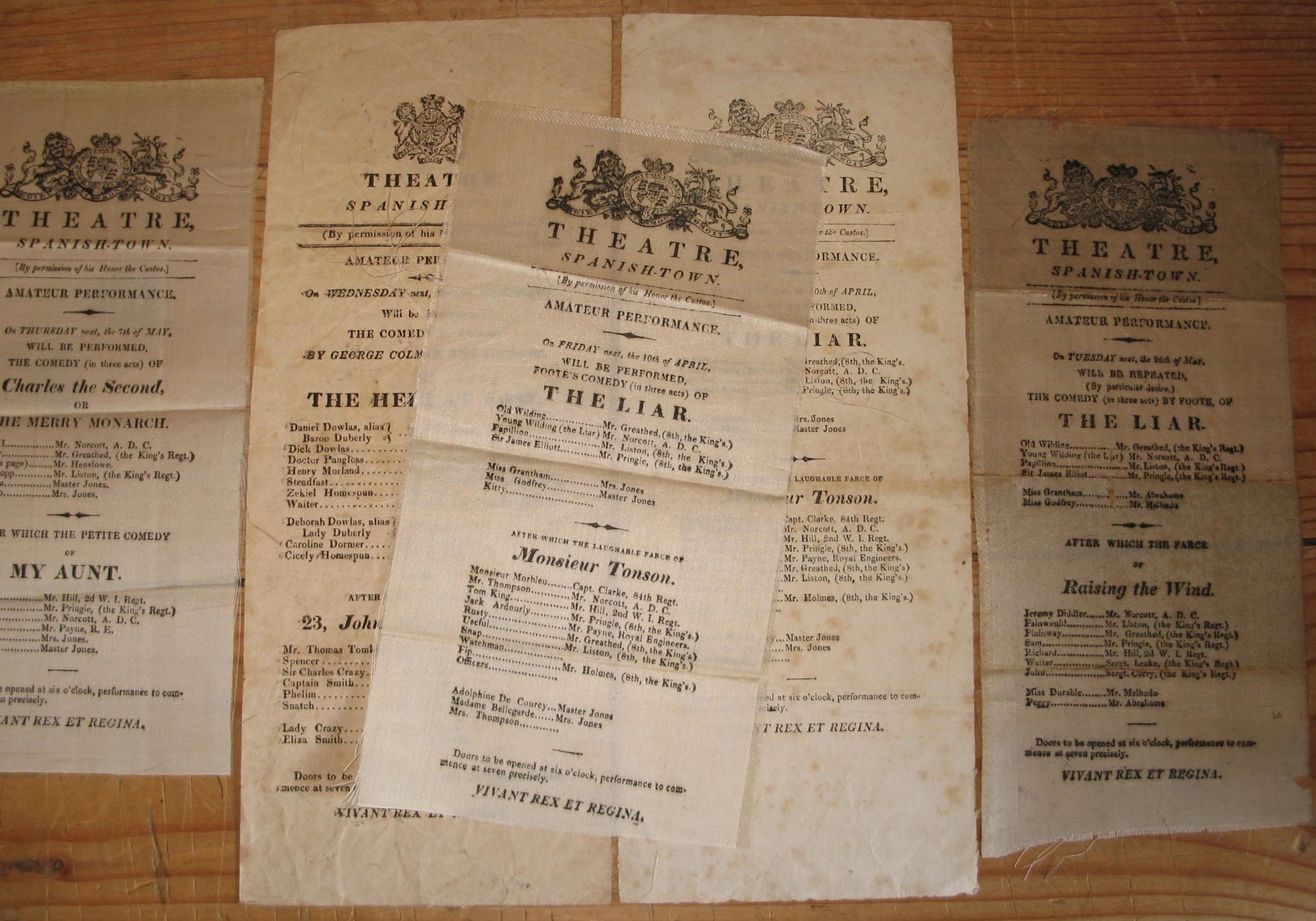 [JAMAICA] a fine series of 5 small theatre bils, 3 printed on silk (of which 1 is split in 3) and