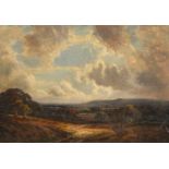 Edwin Harris (19th century) British, An extensive landscape with a cloudy sky, oil on board, signed,