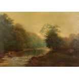 19th Century English School, a tree lined river landscape, oil on canvas, signed with initials M.