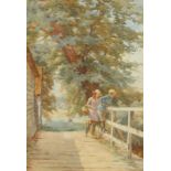 Charles Haigh-Wood (1854-1927). Children on a bridge with trees beyond, watercolour, signed, 19" x