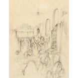 Baruch, A scene of elders reading manuscripts in a place of worship, mixed media, signed, 17 x 13 .