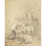 Circle of George Morland, donkeys by a gypsy caravan, along with two other unrelated drawings, (3).