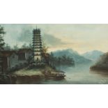 Chinese School (19th/20th Century), a junk passing a tall pagoda on a river bend and another similar