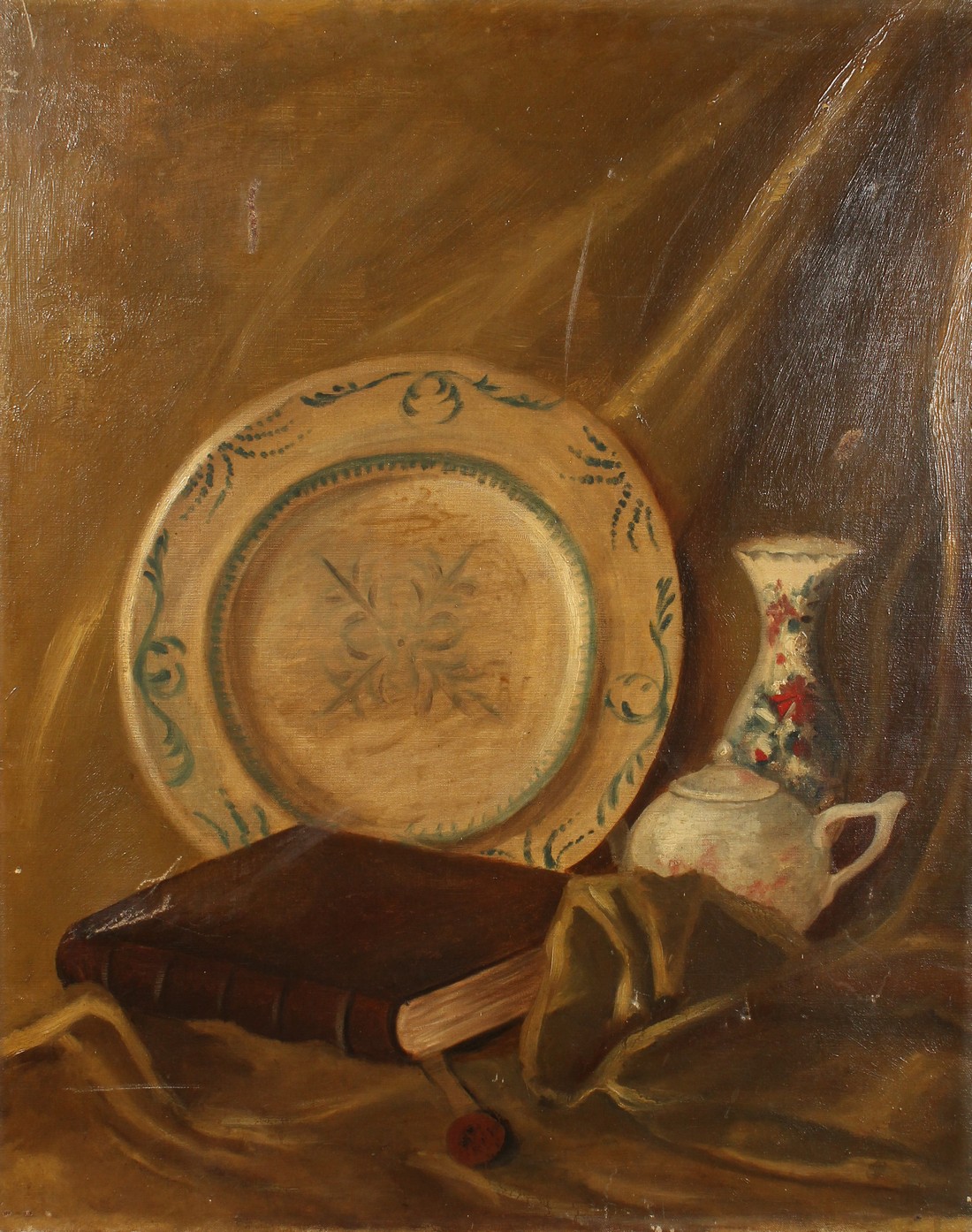 Follower of William Nicholson, a still life study with china and a book, oil on canvas, 29 x 24 ,