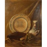 Follower of William Nicholson, a still life study with china and a book, oil on canvas, 29 x 24 ,