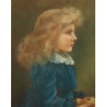 Circle of Edward Clifford (19th century), A portrait of a child holding an apple, pastel, 19 x 15 .