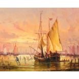F. Sanchis, 20th century, figures and boats in a harbour, oil on board, signed, 6 x 7.5 .