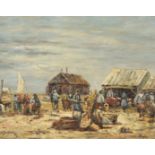 Figures on a beach attending a market, oil on panel, signed Dupres , 8 x 10 .