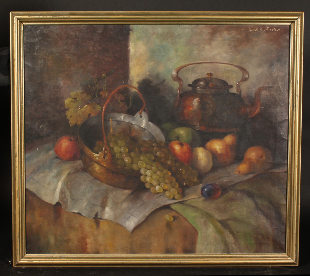 Carl Holger Fischer (1885-1955) Danish, A still life of mixed fruit and copper on a tabletop, oil on - Image 2 of 4