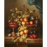 20th century school, A still life of mixed fruit on a marble ledge, oil on panel, signed R. Caspar ,