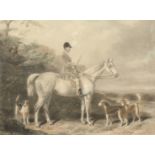An Engraving by Edward Hacker after W & H Barraud of a huntsman on his horse with hounds, engraving,