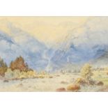 Charles Jones Way (1834-1919) British, An Alpine view with snow-capped mountains and a raging