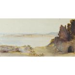 Attributed to Jessie Corrie, A coastal scene with ruins in the foreground, watercolour, signed and