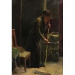 Frederique Jacque (1859-1931) French, A lady brushing the floor of a lavish interior, oil on