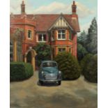 Brenda Johnston (b. 1930) British, A Morris minor parked outside of a red brick building, oil on