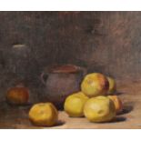 Early 20th Century French School, A still life study of apples and a pot on a table-top, oil on