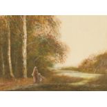 Fred Hines (act. 1875-1928), A lady and a child by a pond, watercolour, 10.5 x 15.5 .