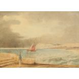 19th century French school, a coastal scene with a soldier walking along the promenade with boat and