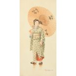 T Nakayama, Japanese, A set of three watercolours of Japanese figures in traditional costume,