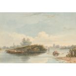 Circle of Varley (19th century), A scene of barges on a river with a town beyond, watercolour, 7.25"